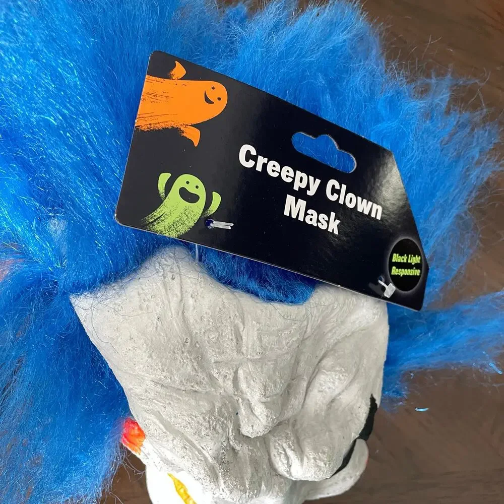 Creepy Clown Mask Halloween Costume Black Light Glows Pennywise Blue Hair NWT